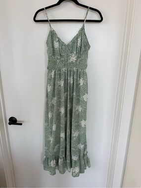 Simple Sage Green Floral Slip Dress with Spaghetti Straps